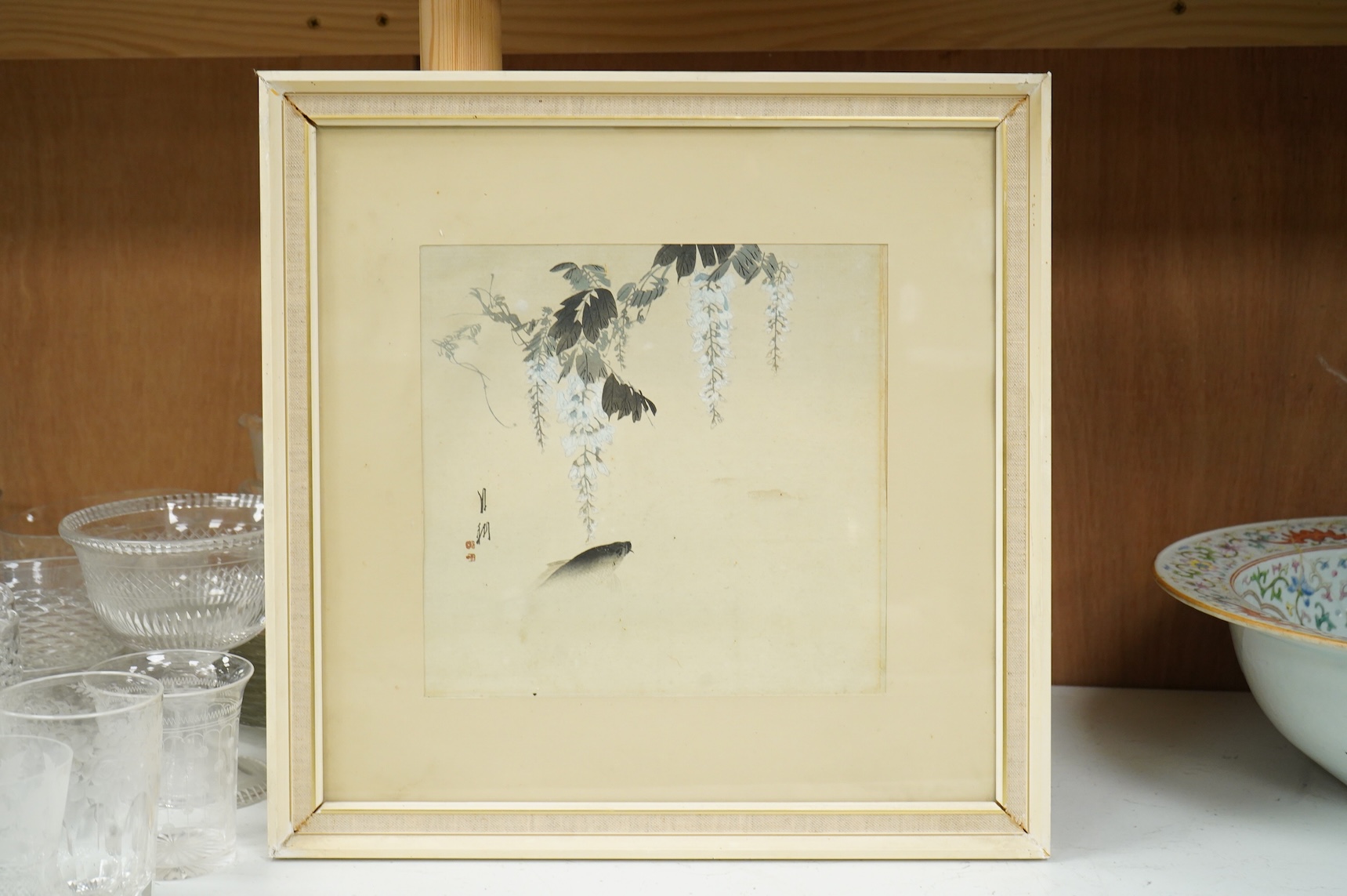 Ogata Gekko (1859-1920), Wisteria and carp, Japanese woodblock print and a Chinese woodblock of a lion dog, 23 x 23cm